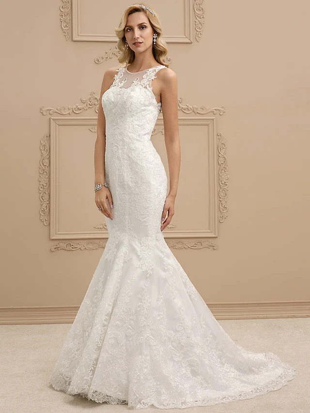 Luolandi Wedding Dresses Bateau Neck All Over Lace Regular Straps Sexy Illusion Detail Backless with Beading